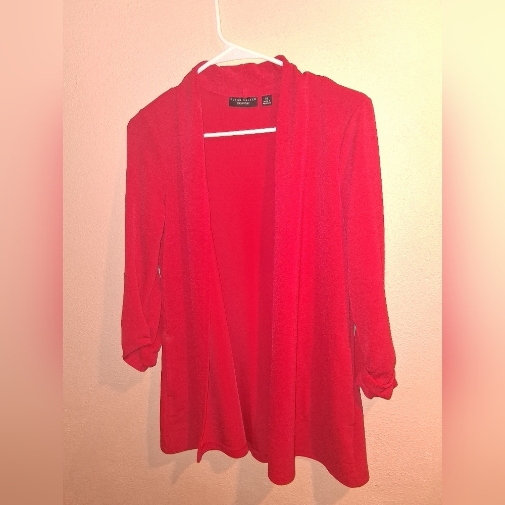 Susan Graver Passport Liquid Knit Red Open Blazer With Button Detail 3/4 Sleeve
